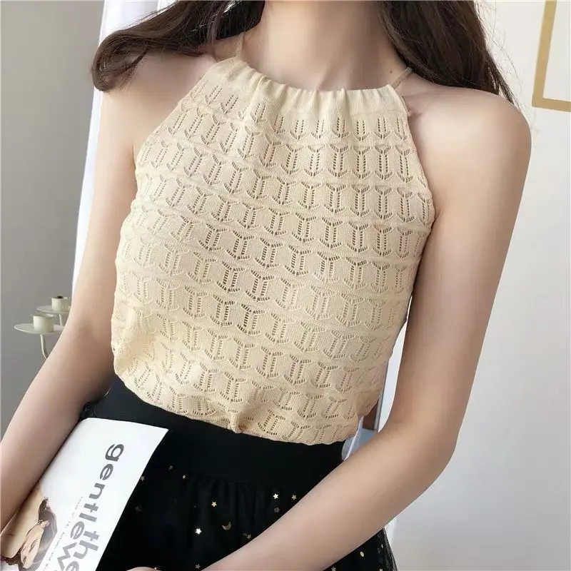 Áo Cổ Yếm Lưng Ren, Phong Cách Hàn Quốc, Dệt Ngầu Không Tay, Dành Cho Mùa Hè Của Phụ Nữ, Kiểu Dây Đeo Gợi Cảm Top Women