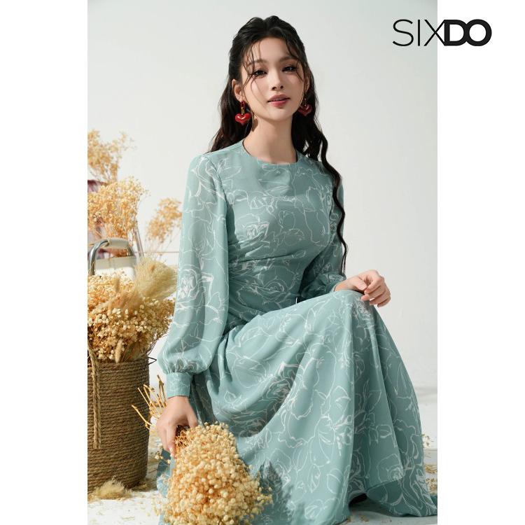 Đầm dài họa tiết cổ tròn dài tay SIXDO (Mint Floral Chiffon Flared Dress) 5