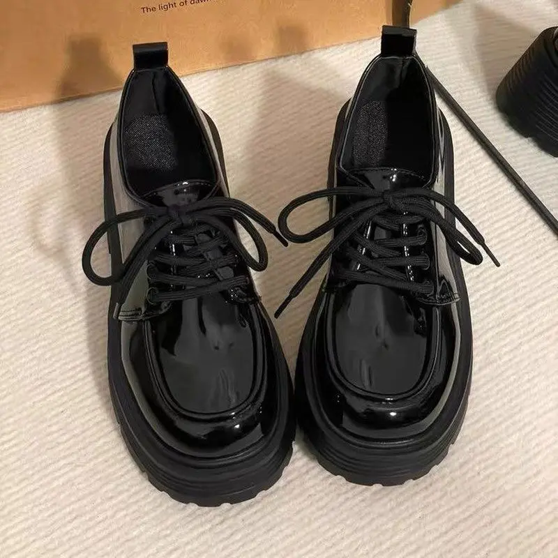 Black Thick Bottom All-Match Lace-up Small Leather Shoes for Women 2024 Spring and Autumn New Retro British Style Japanese JK Shoes