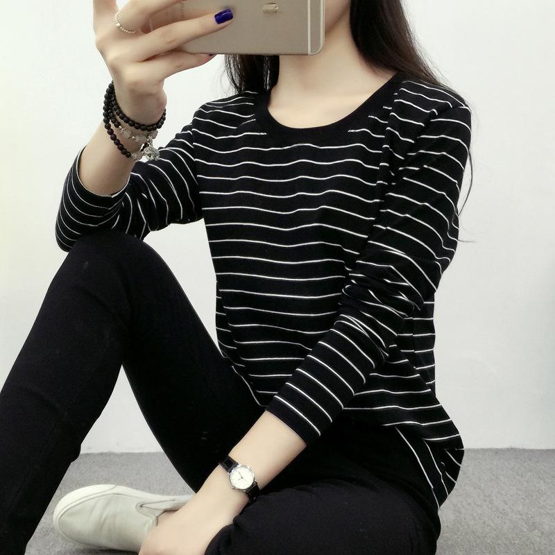 Áo Thun Nữ Dài Tay, F # 029, Dáng Rộng Vừa Vặn, Có Lớp Lót Bên Trong Và Có Thể Mặc Bên Ngoài, Thích Hợp Cho Mùa Thu Và Mùa Xuân, Sọc Đen Và Trắng, Vừa Vặn Tuyệt Vời, Thời Trang, Top Women Cổ Tròn 0