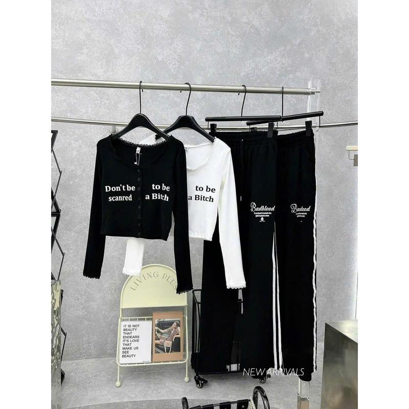 Set bộ áo thun tăm tay dài phối ren mix quần suông phối sọc lưng chun cá tính bigsize 60-90kg cho nữ - Women 1