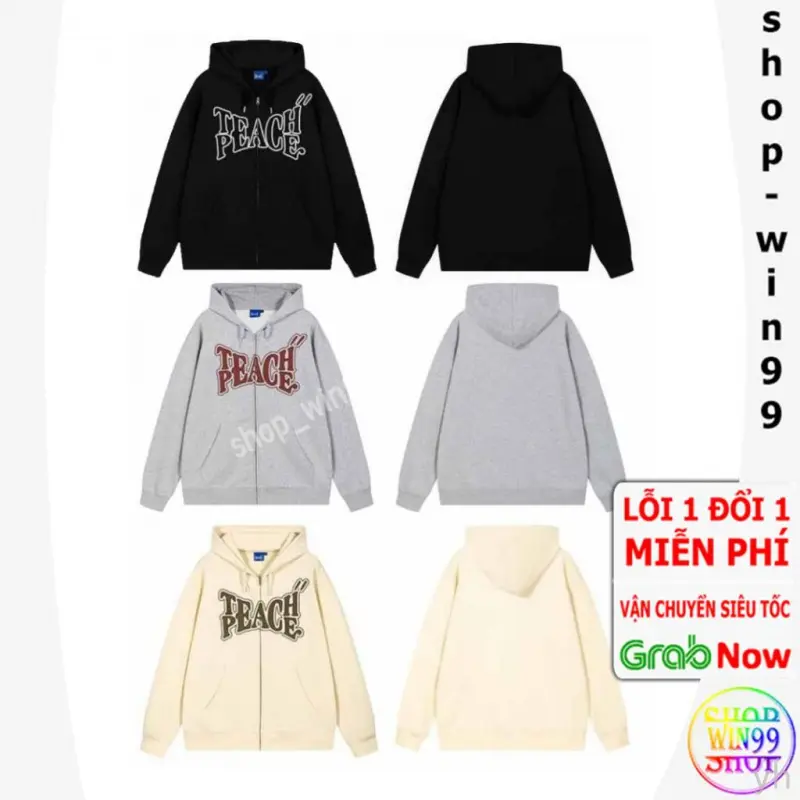 Áo Khoác Nỉ Bông Nam, Nữ Basic Unisex Nỉ From Rộng Khóa Kéo  In Chữ EAC Màu Đen Xám Kem -  win99 Menswear Hoodie