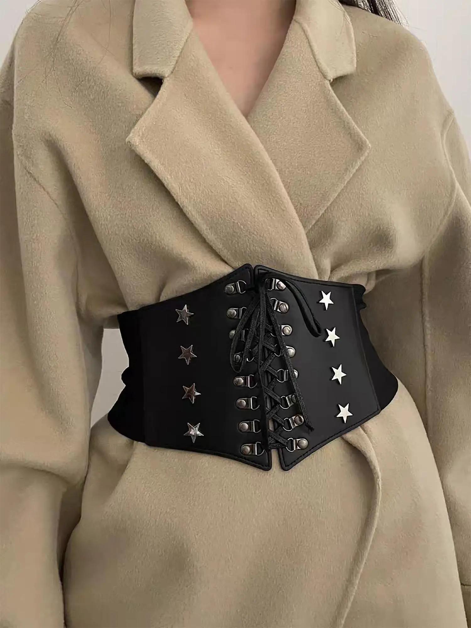 Women's Punk Style Star Design Wide Belt, Fashionable PU Leather Belt for Party, Daily Clothing Decor, Trendy All-match & Exquisite Belt for Birthday Gift