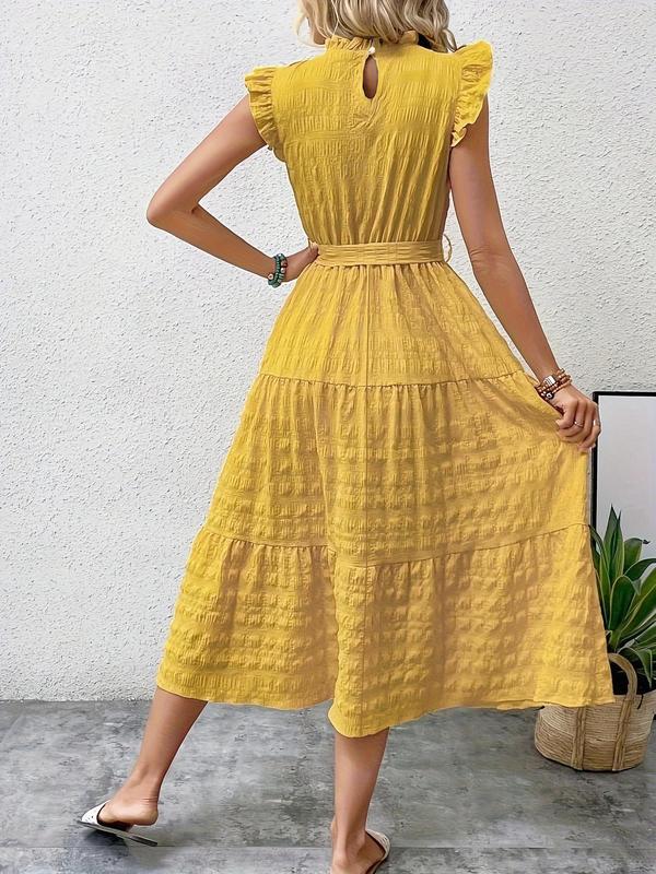 Plain Belted Ruffle Hem Frill Trim Keyhole Neckline Butterfly Sleeve Dress, Boho Cap Sleeve A Line Long Dress for Beach Holiday Vacation, Ladies Summer Clothes 1