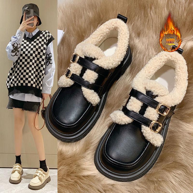 Giày lười nữ lót lông cừu đế 4cm phong cách hàn quốc mẫu hottrend thu đông 2023 Mũi vuông VG02 Hoa Shoes Len Loafer