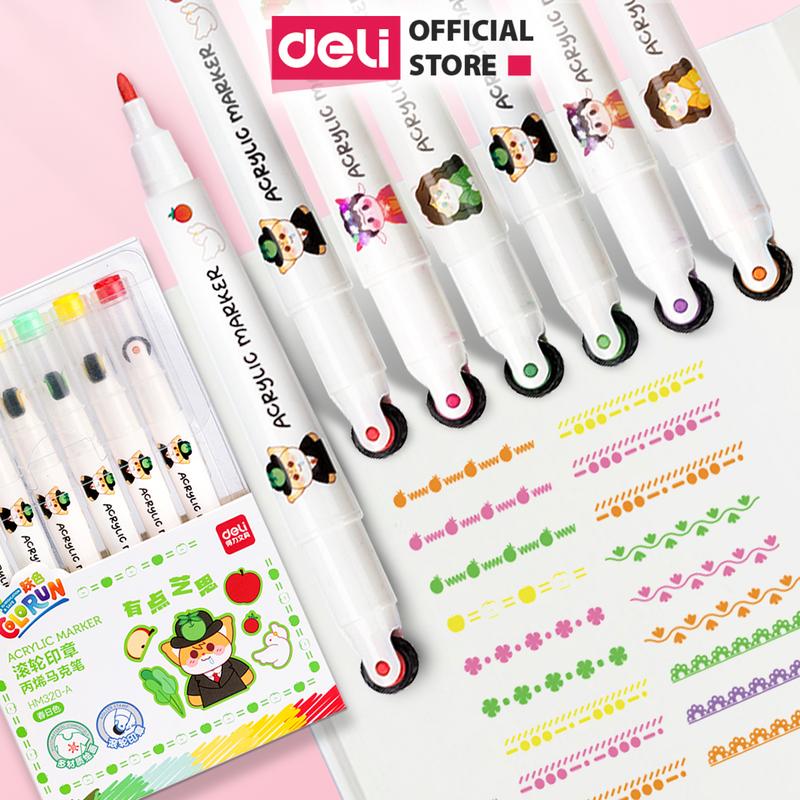 Set 6 bút lăn màu acrylic marker 2 đầu Deli - Có 2 đầu: ngòi nhọn và con lăn họa tiết - Màu vẽ được trên nhiều chất liệu, trang trí sổ, vẽ tranh, tô màu...