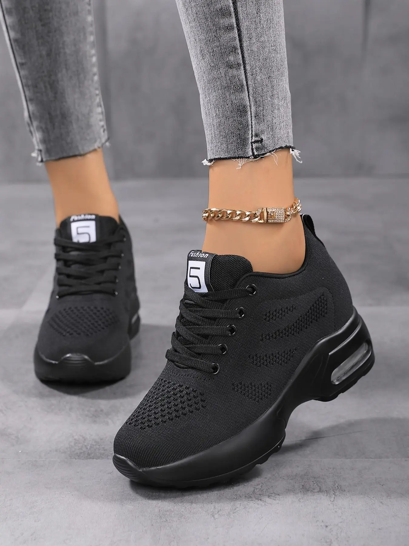 Women's Lace Up Platform Air Cushion Sneakers, 2024 Casual Matching Comfortable Round Toe Low Top Running Trainers, Sports Shoes, Black Trainers for Women, Real Designer Shoes