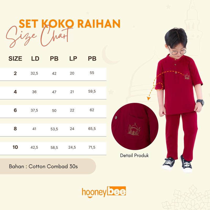 Hooneybee Setelan Koko Anak Cowok Raihan Junior Size 2-10 Tahun Kurta Muslim Baju Katun Pendek 2