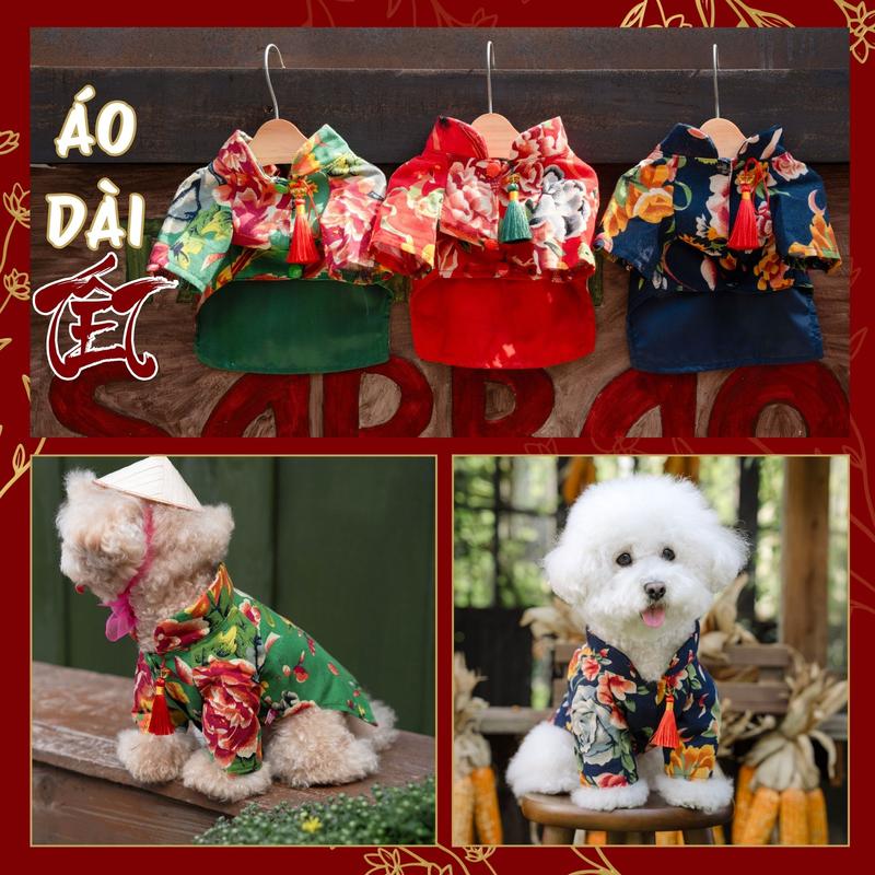 Áo Dài Tết Con Công Tua Rua Thổi Vàng Cho Chó Mèo 2025 Quần Áo Tết Cho Thú Cưng Thiết Kế Thời Trang Cao Cấp Hiha Pets.
