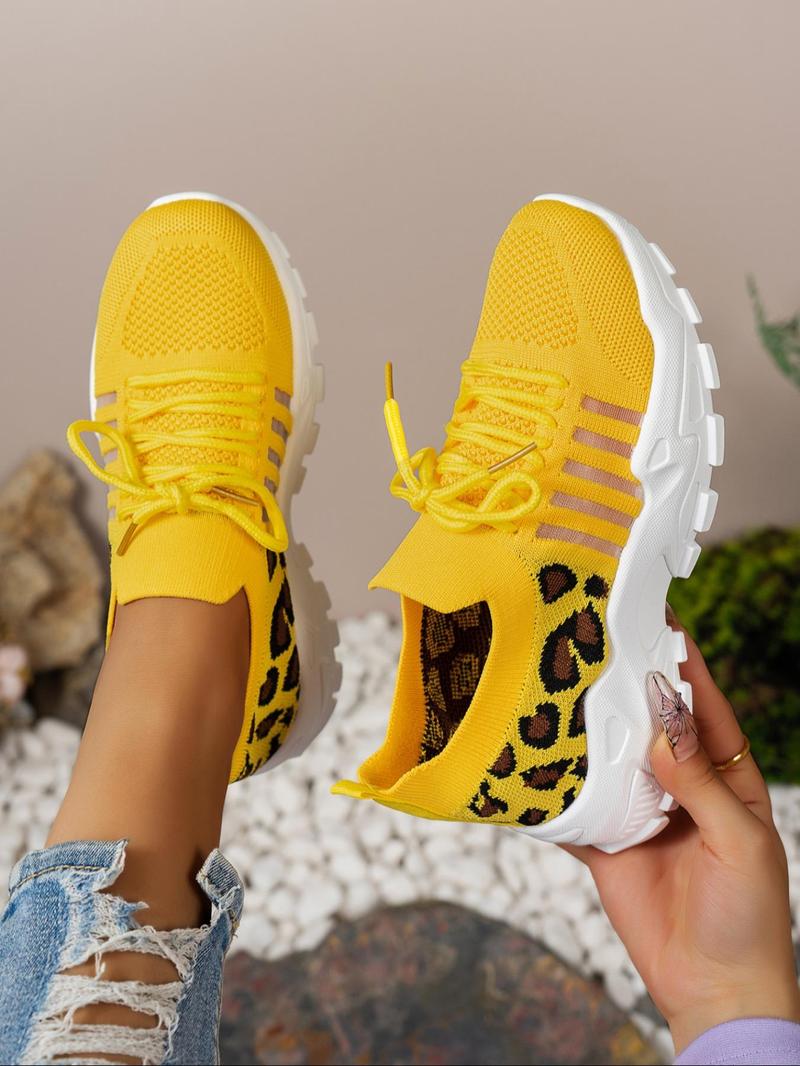 Product Introduction of Women's Fashionable Leopard Pattern Lace Up Running Shoes, Casual Comfortable Breathable Sports Shoes, Female All-match Round Toe Shoes for Daily Wear 5