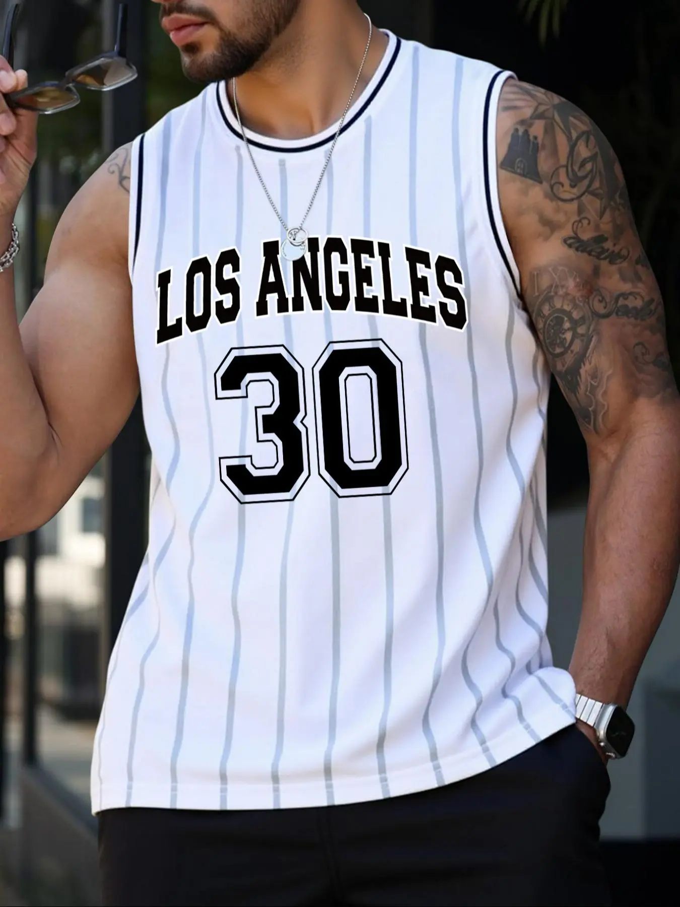 Men's Letter & Figure Print Contrast Trim Basketball Jersey, Regular Fit Casual Comfortable Breathable  Round Neck Sleeveless Top, Men's Summer Sportswear for Training Competition