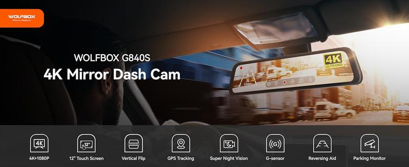 Product Introduction of WOLFBOX G840S 12inch 4K Mirror Dash Cam Backup Camera, 2160P Full HD Smart Rearview Mirror for Cars Trucks, Front Rear Dual Camera, Night Vision, Parking Assistance, Includes 32GB Card GPS GPS 0