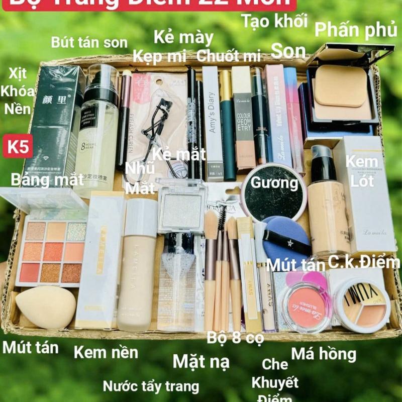 Bộ Trang Điểm 22 Món K5 Makuep Cơ Bản Cho Nữ Mới Học Trang Điểm Đầy Đủ Các Món Từ Xịt Khoá Nền+ Phấn Phủ + Kem Lót + Kem Nền + Bảng Mắt+  Mỹ Phẩm+ Son Môi+ Cosmetic
