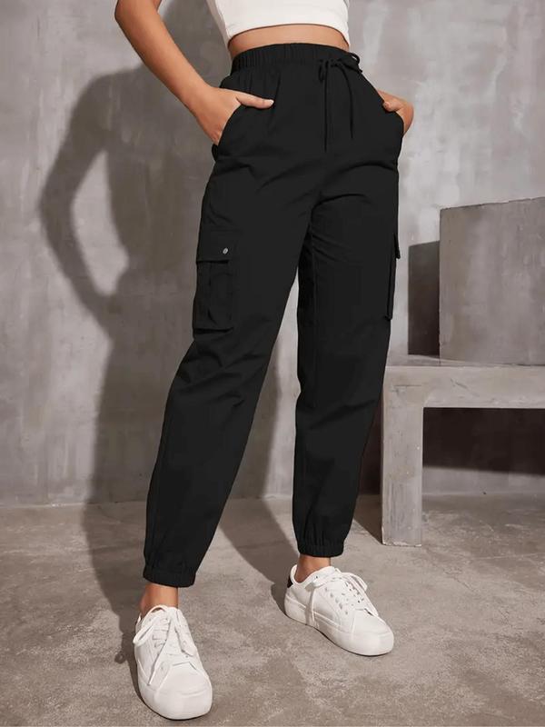 Women's Solid Pocket Drawstring Cargo Pants, Casual Y2K Style Pants for Daily Wear, Ladies Bottoms for Spring & Fall 6