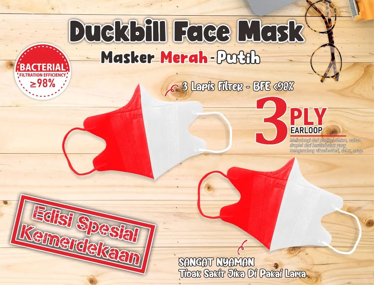 (EDISI KEMERDEKAAN) MASKER DUCKBILL JSP MERAH-PUTIH @50 PCS Duckbil Merah Putih