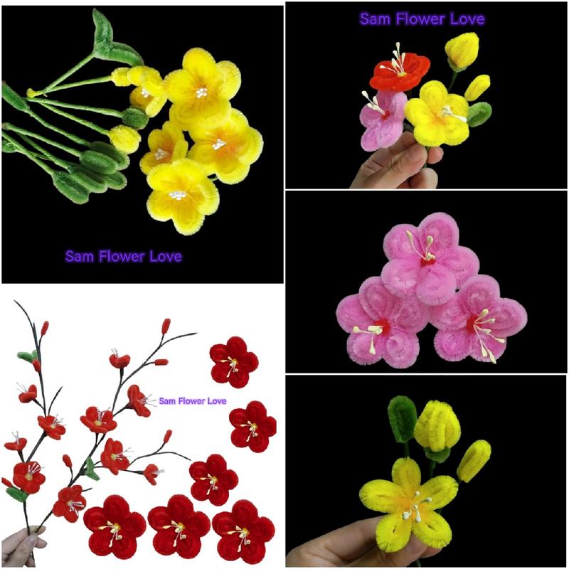  Bông hoa đào hoa mai kẽm nhung gắn cành làm cây bonsai trang trí độc đáo - Decor Phòng Decor 