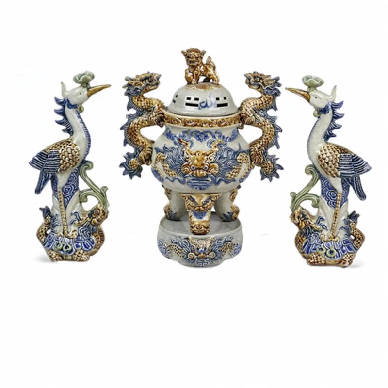 Đỉnh hạc men rạn gốm Bát Tràng đắp nổi thủ công - Bộ đỉnh hạc gốm sứ Bát Tràng cao cấp Decor Decor Phòng Trang Trí Nhà đồ thờ cúng tổ tiên