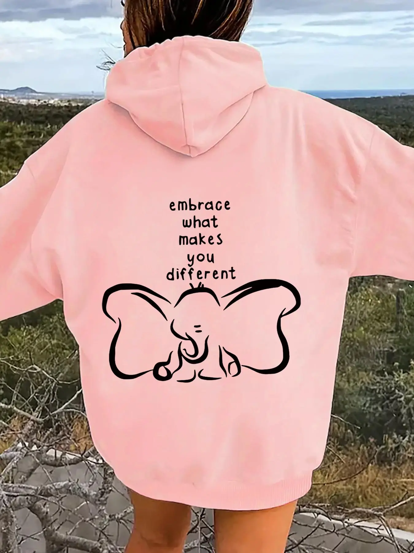 【Plus Size】 Elephant & Letter Print Drop Shoulder Hoodie, Fashion Casual Drawstring Pocket Hooded Sweatshirt for Daily Holiday Outdoor Wear, Women Pastel Clothing for Fall & Winter