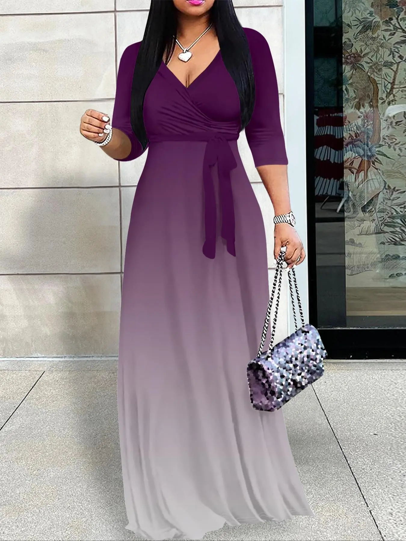 Women's Ombre Print    Tie Front  Dress, Elegant  V Neck Dress for Party Holiday Wedding Guest, Ladies Clothes for All Seasons