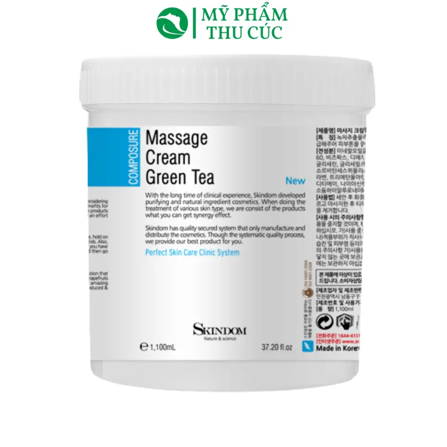 Kem massage mặt trà xanh Skindom Green Tea dành cho da nhạy cảm, giảm viêm, kháng khuẩn, hỗ trợ nâng cơ, giảm nếp nhăn - Hũ 1100g