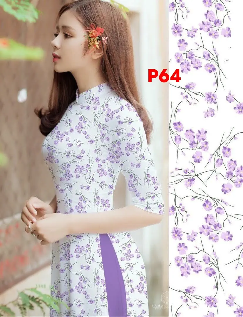 Áo dài hoa nhí tím lụa Nhật in 6D _ Mã P64