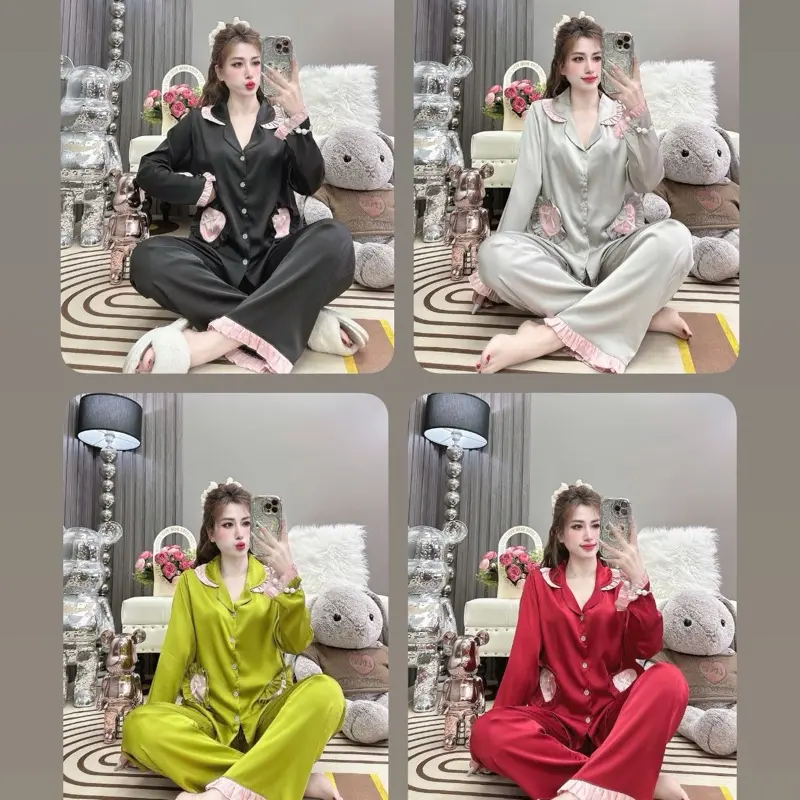 Đồ bộ pijama tay dài quần dài trơn lụa latin tơ tầm cổ truyền thống có túi nút bọc form thường 40 đến 58kg Kem Nhung Women Nữ