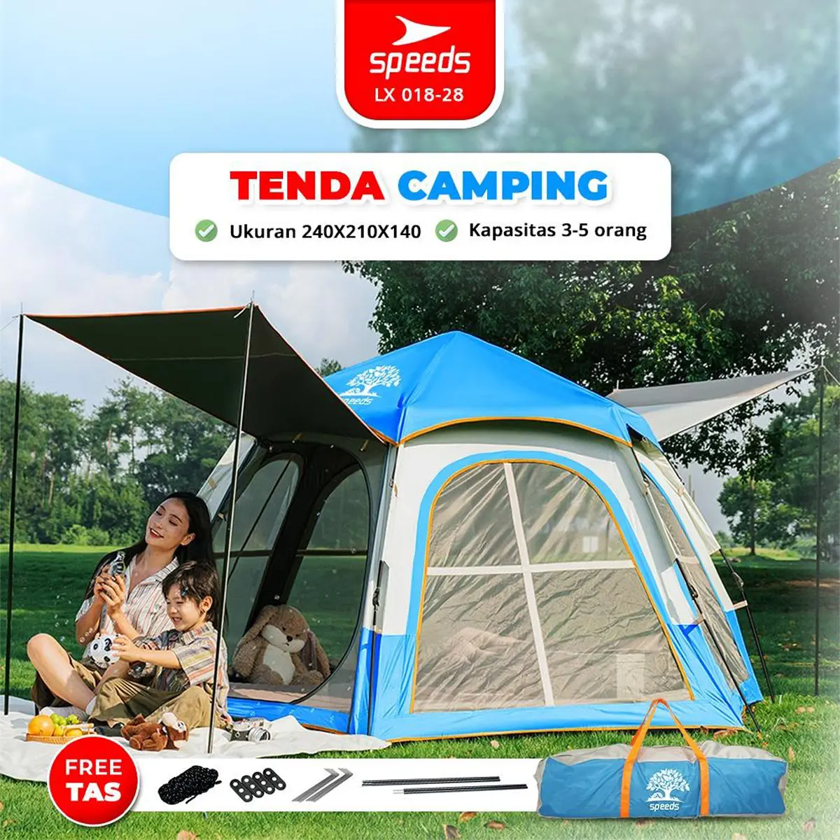 SPEEDS Tenda Camping Jumbo Otomatis Portabel Muat 3-5 Orang 2 Pintu Kemah Outdoor Kanopi Waterproof Bahan Oxford Furnitur Berkemah Camping Furniture Indonesia 018-28
