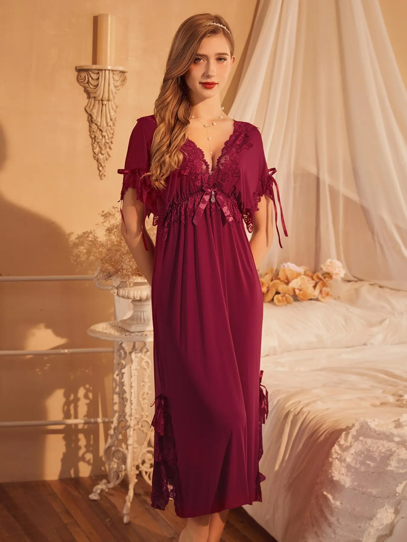 Women's Contrast Lace Bow Decor Ruched Split Nightdress, Batwing Sleeve Deep V Neck Sleep Dress, Ladies' Sleepwear for All Seasons