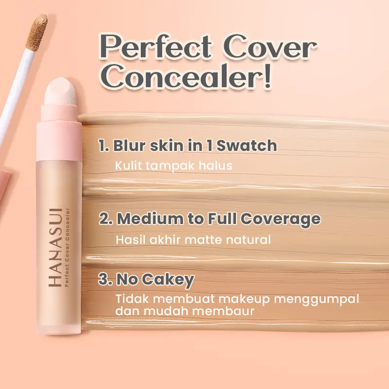 Hanasui Perfect Cover Concealer - Liquid Concealer Perfect Coverage Creaseless Blur Skin in 1 Swatch Ringan & Buildable 1