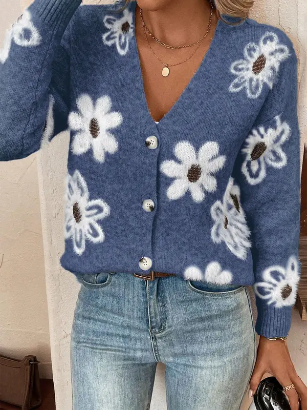 【Plus Size】 Floral Pattern Button Front Longsleeves Cardigan, Elegant Chic Casual Drop Shoulder V Neck Knitwear for Fall & Winter, Women's Plus Clothing for Daily Wear, Knitting Ladies Winter Coat, Womenswear 3