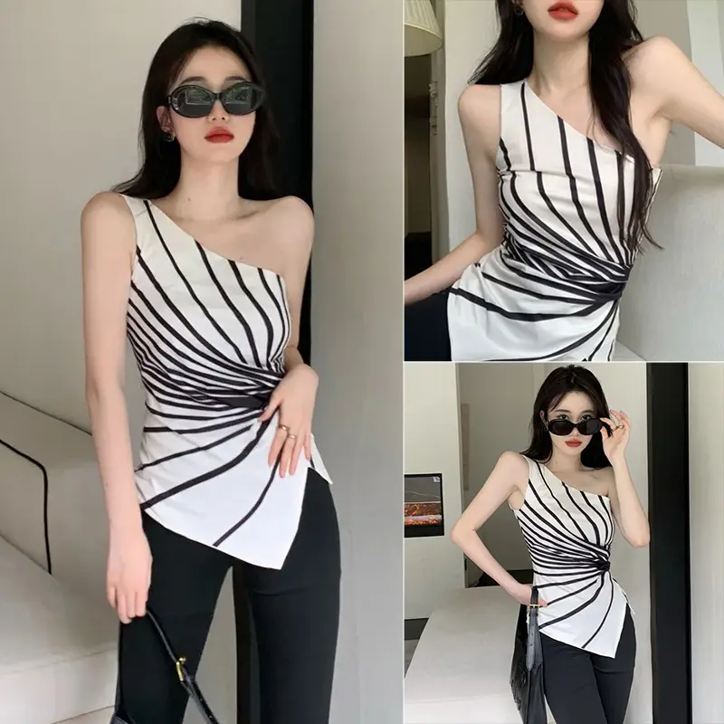 Women's Summer Irregular Hem Tank Tops Sleeveless Backless Slash Neck Striped Tops Polyester Womenswear