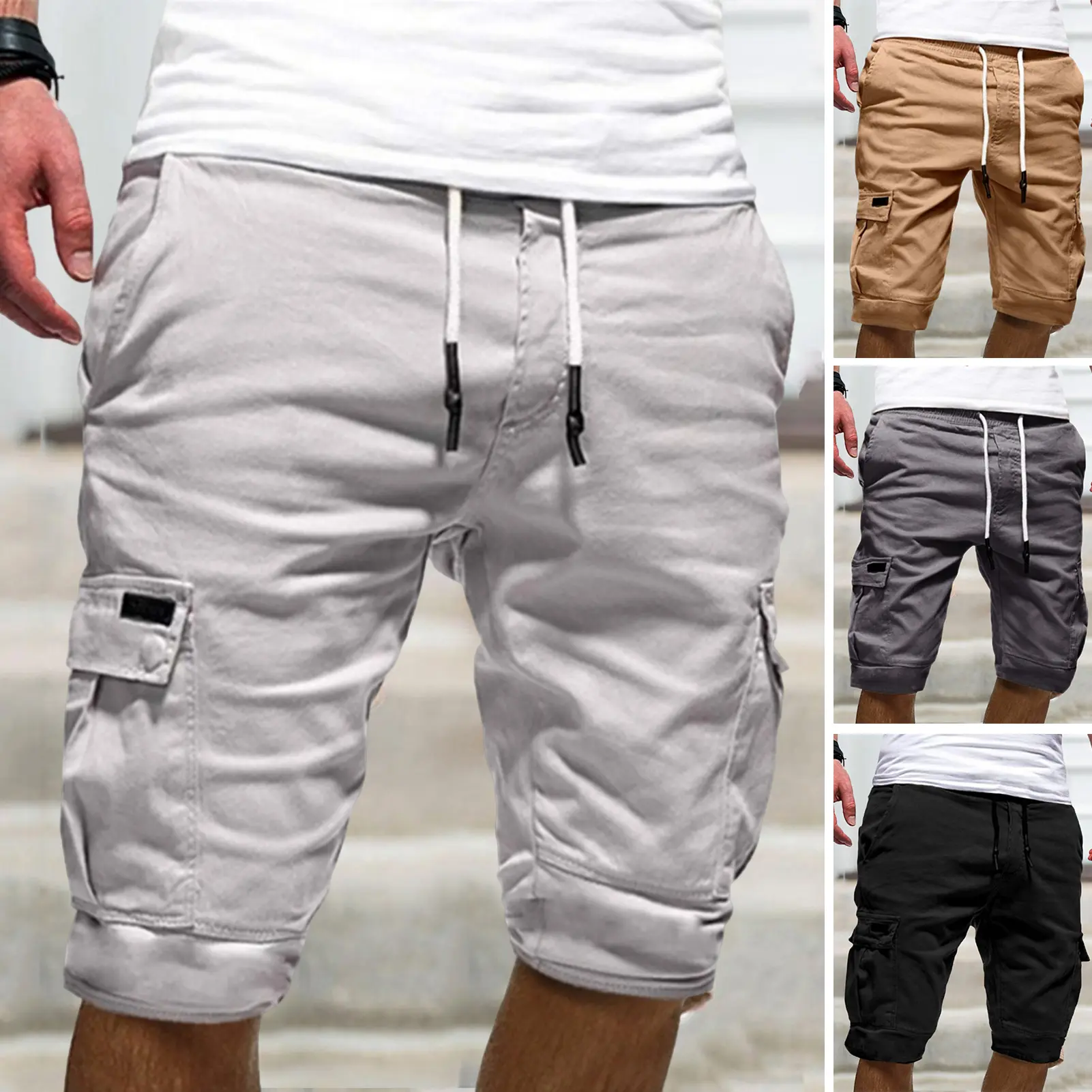 pofstac-Mid-Rise Elastic Waistband Drawstring Multi Pockets Men Shorts Solid Color Loose Fitness Cargo Shorts