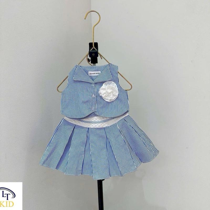 Áo sát nách kẻ hoa xanh phối cổ bẻ xinh + kèm chân váy xoè kẻ phối viền cạp chun cho bé gái từ 8-30kg ( 2 chi tiết )