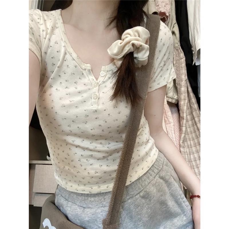 Áo thun gài nút chất tăm lạnh hoa nhí xinh baby tee Nữ Women 5