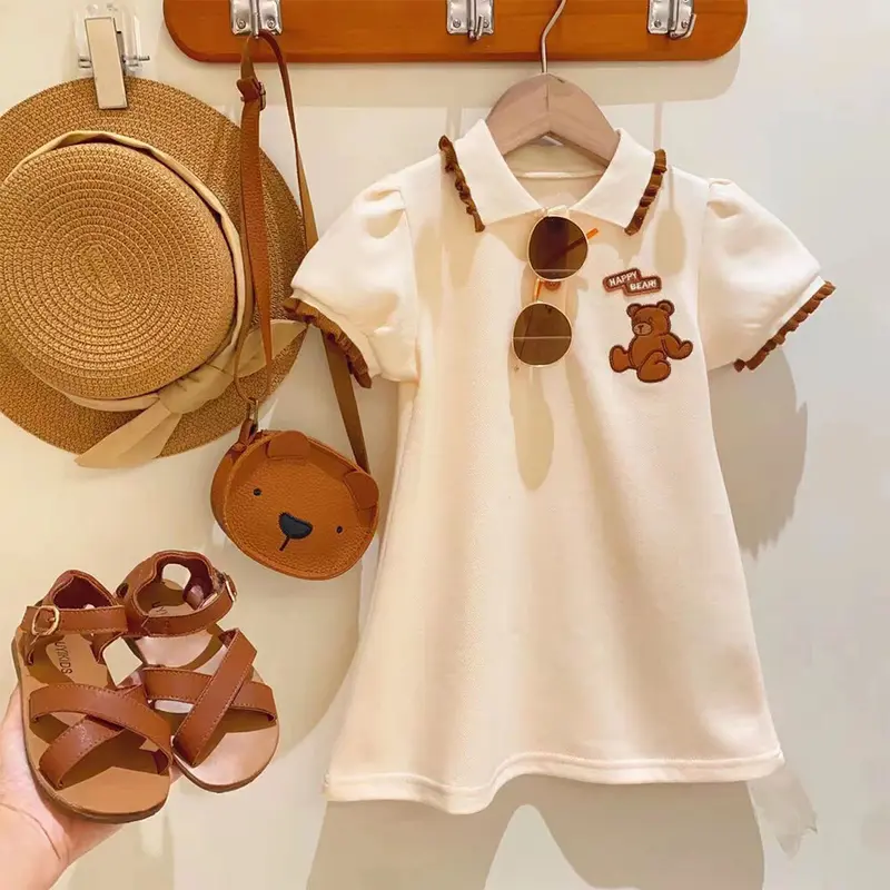 V023 - Váy Polo Thêu Gấu Dáng Xuông Cổ Viền Nâu Bé Gái (8-29kg) 0