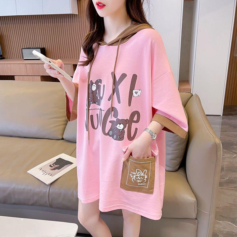 Product Introduction of Áo Thun Ngắn Tay Có Mũ Trùm Đầu, Dành Cho Nữ, Phong Cách Hàn Quốc, Dáng Rộng Vừa Vặn, Dễ Phối Đồ Đi Chơi, Màu Tương Phản, Áo Tay Lửng Ngoại Cỡ Thời Trang, Mùa Hè 2024 Hàng Mới Về Women Top Hoodie Cổ Tròn 19