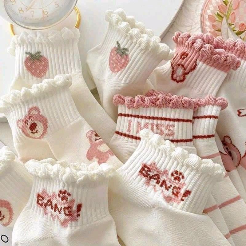 Set 10 Đôi Tất Vớ Nữ Họa Tiết Gấu Hồng Cổ Bèo Dễ Thương Phong Cách Hàn Women Cotton Cotton tat 45k