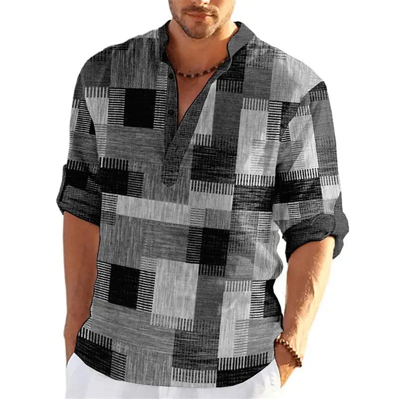 Product Introduction of Men's Spring and Summer Retro Fashion 3D Printed Color blocked Grid Pattern Henley Collar Long Sleeve Shirt Top 13