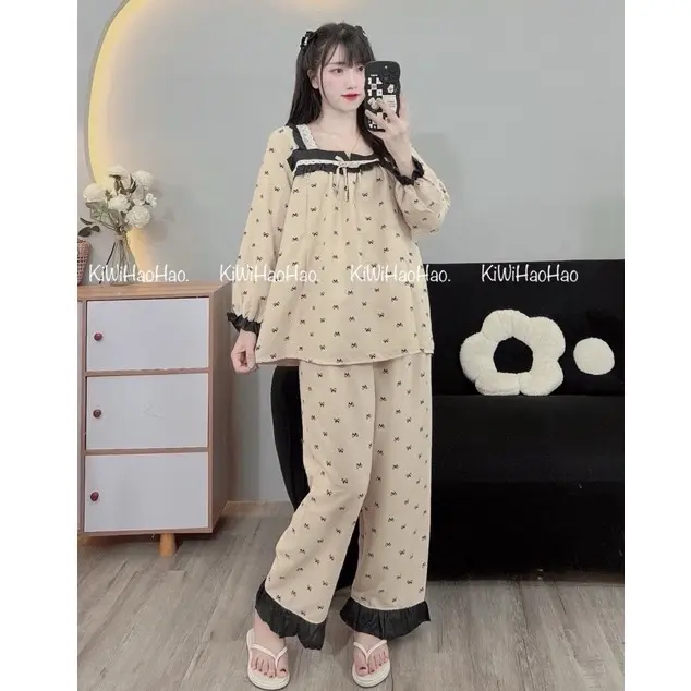Bộ bầu bộ sau sinh - Bộ Đũi Nhăn Dài Tay Cổ Vuông Ren - Áo có khoá kéo quần có chun chỉnh tiện lợi