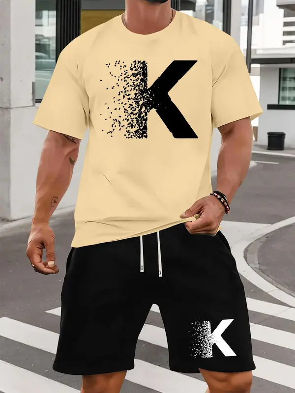 Two-piece Set Men's Letter Print Short Sleeve Tee & Shorts Set, Regular Fit Casual Round Neck T-shirt & Track Shorts, Summer Clothes Set for Men 4