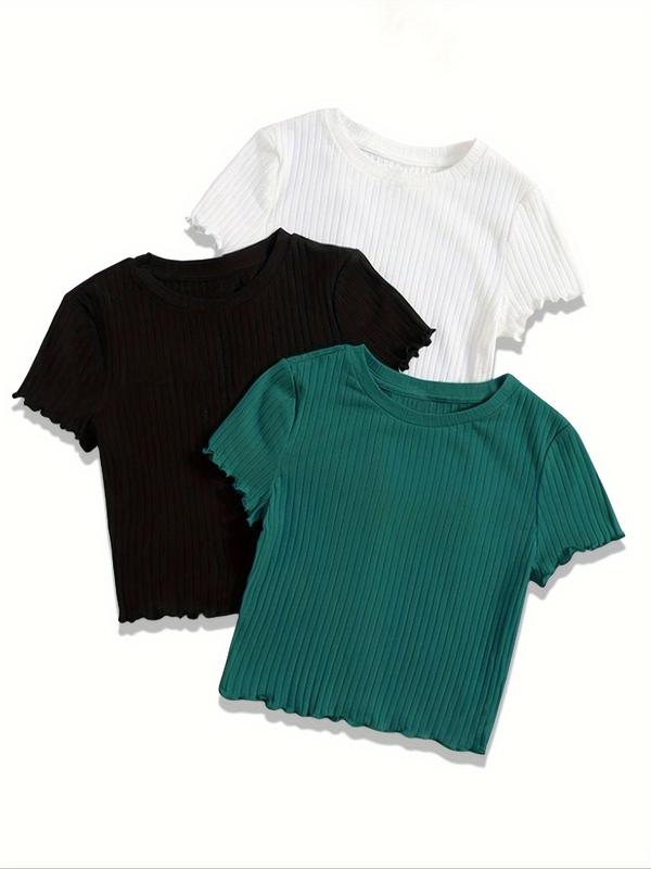 Women's Solid Lettuce Trim Round Neck Ribbed Tee, Casual Short Sleeve Crew Neck T-shirt for Summer, Fashion Women's Top for Daily Wear 2