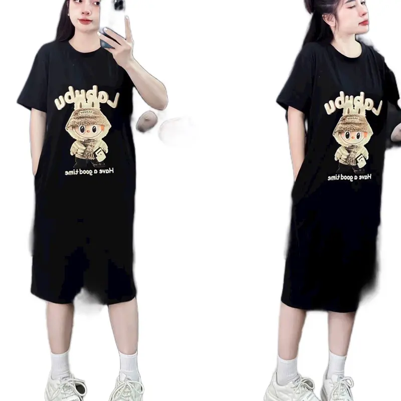 Váy thun suông cổ tròn tay ngắn dáng xoè in labubu freesize- Tyan Dress 2