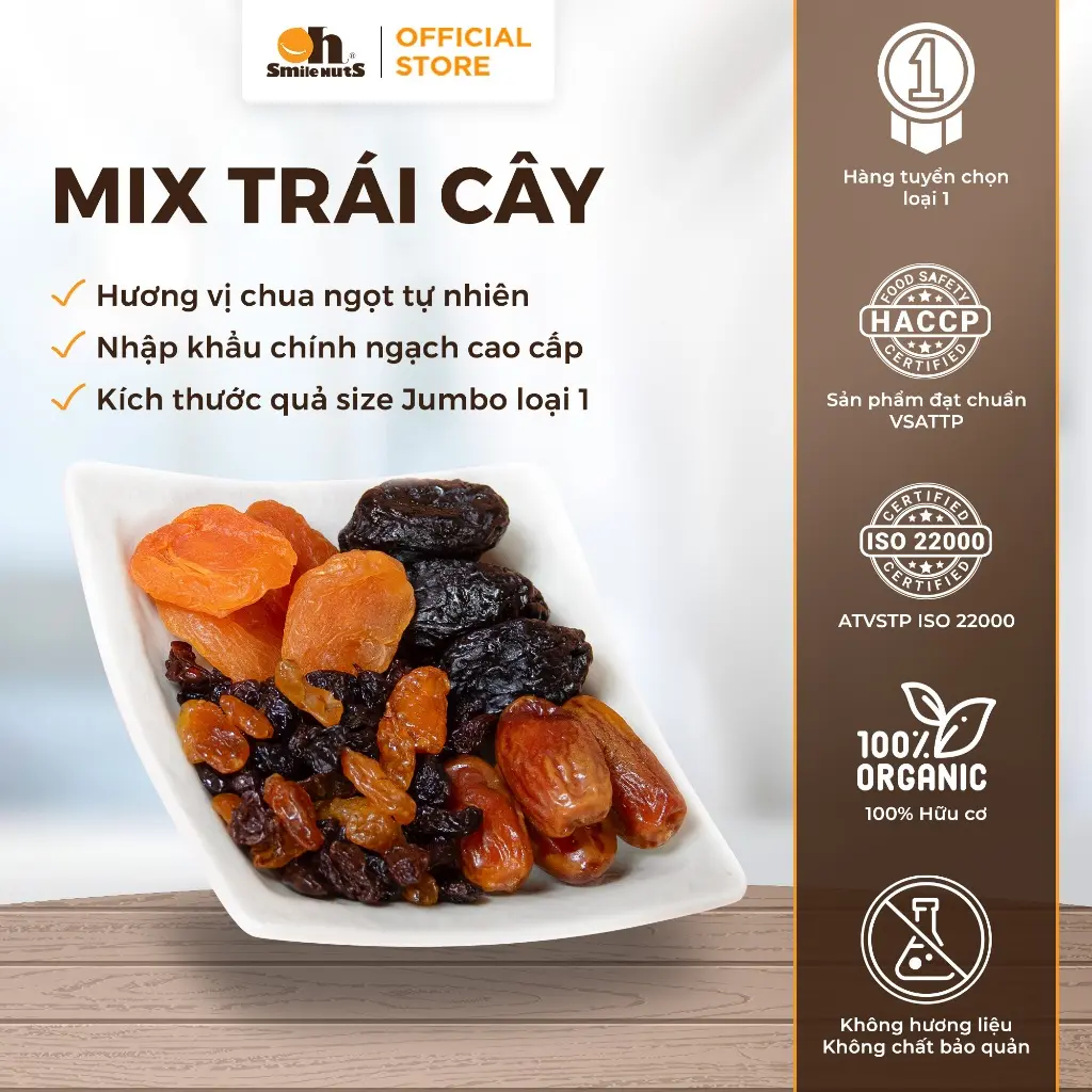 Mix Trái Cây Khô Nhập Khẩu Smilenuts hộp 500g -Sản phẩm gồm Chà là khô tự nhiên, Mơ khô, Nho khô tự nhiên, Mận Khô Chile