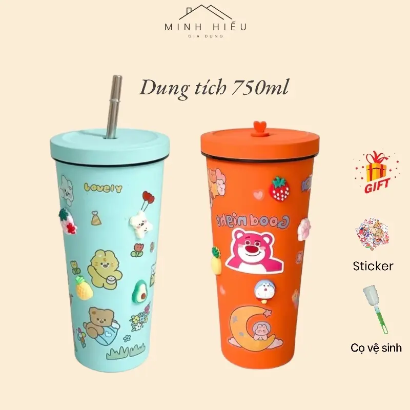 Ly Giữ Nhiệt Pastel Cao Cấp - Dung Tích 750ml - ( Tặng Kèm Túi Nhựa + Cọ Rửa + Sticker 2D và 3D ) cốc  giữ ly 0