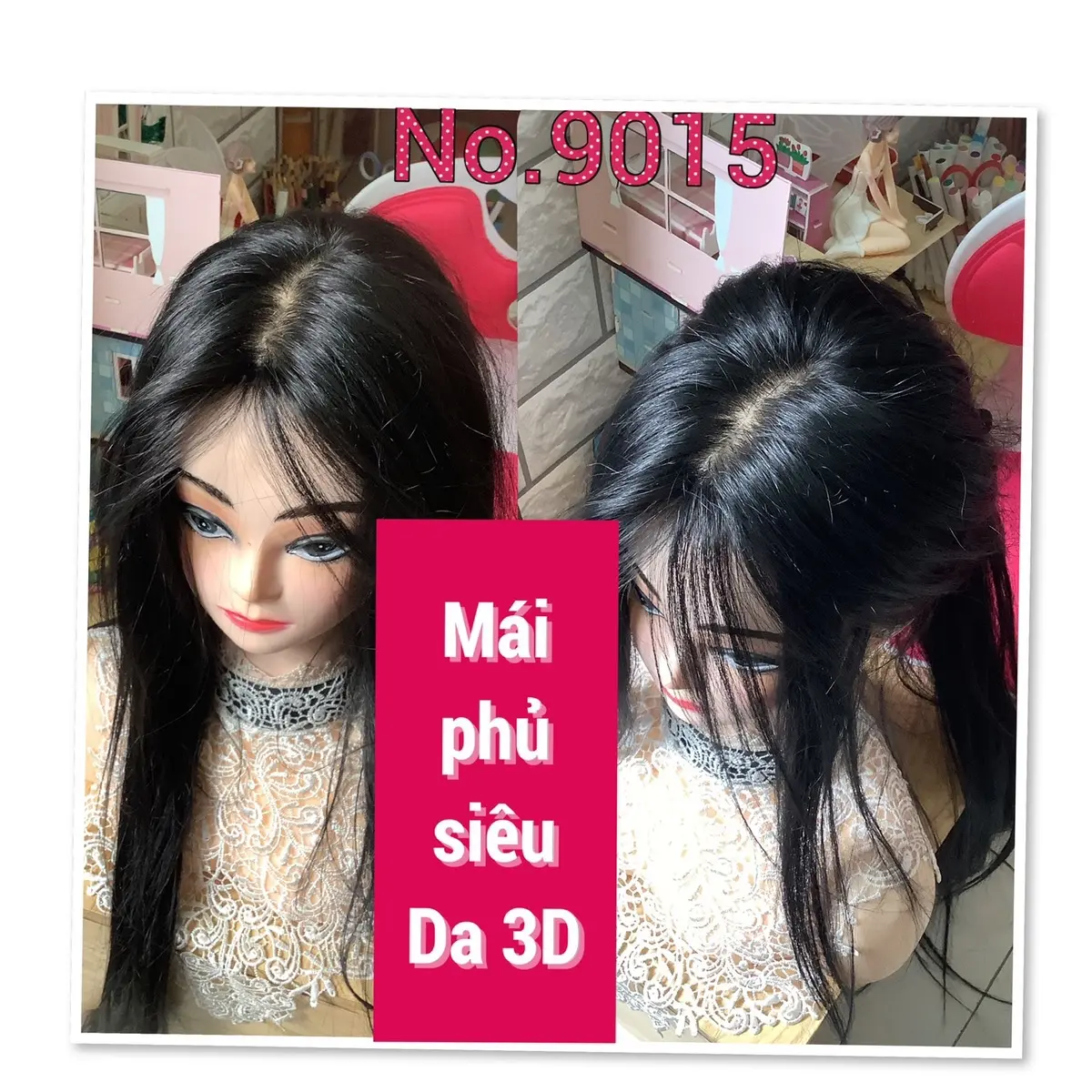 tóc mái phủ siêu Da 3D (tơ cao cấp,90cm đen tự nhiên) giả