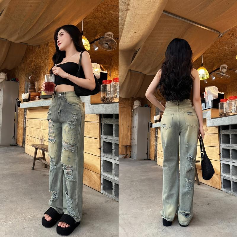 (XS-XXL) Quần suông vải QC ko giãn rách trc sau Q710 dài105cm Jeans