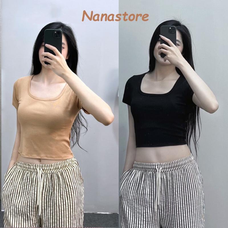 Áo Thun Nữ Cổ Vuông Ngắn Tay Bigsize, Áo Croptop Nữ Cộc tay Bigsize 168T