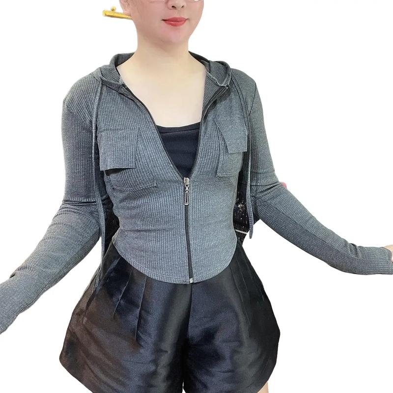 Áo khoác ủ kem 2 túi ngực 40-60kg Nữ Women Top Jacket Thun gân tăm Nhung