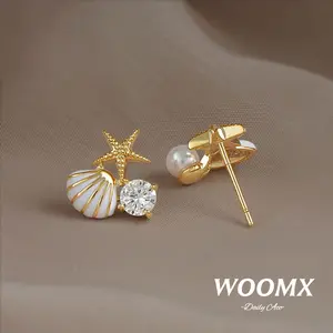 [Woomx] Anting Tancap Santai dengan Desain Bentuk Kerang dan Bintang Laut Elegan dan Kecil Bertempa Berlian A258