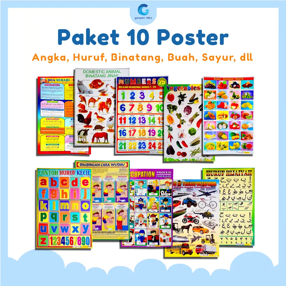 Paket 10 Poster Belajar Anak Edukasi Angka, Huruf, Binatang, Buah, Sayur, dll Karton Sekolah Stationery